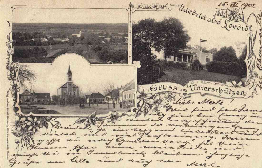 Unterschützen: Ansichtskarte - Gesamtansicht/Evang. Kirche Ab/Villa Bermüller